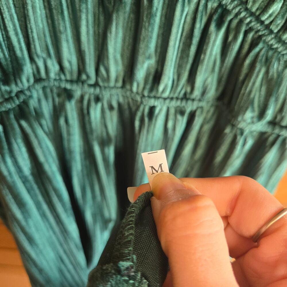 Emerald Velvet Dress Midi Bustier Milkmaid Short Sleeve Vneck M Bridesmaid Boho - Picture 5 of 6